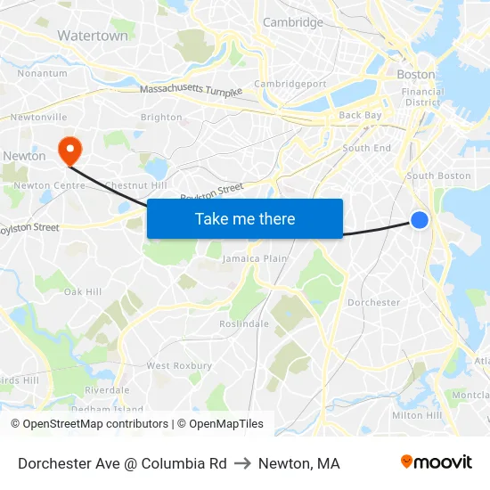 Dorchester Ave @ Columbia Rd to Newton, MA map