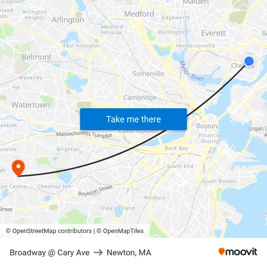 Broadway @ Cary Ave to Newton, MA map