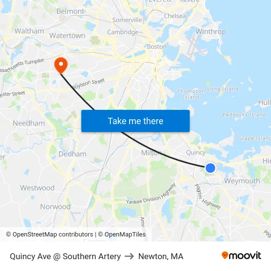 Quincy Ave @ Southern Artery to Newton, MA map