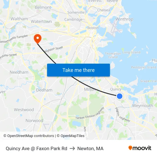 Quincy Ave @ Faxon Park Rd to Newton, MA map
