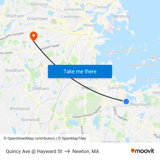 Quincy Ave @ Hayward St to Newton, MA map