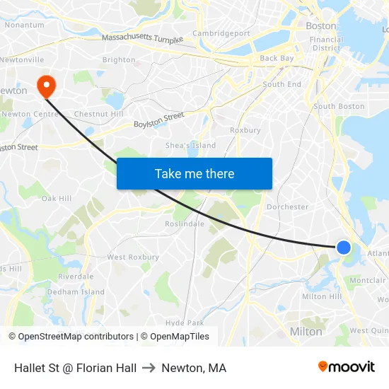 Hallet St @ Florian Hall to Newton, MA map