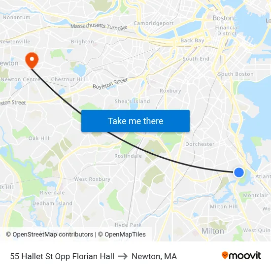 55 Hallet St Opp Florian Hall to Newton, MA map