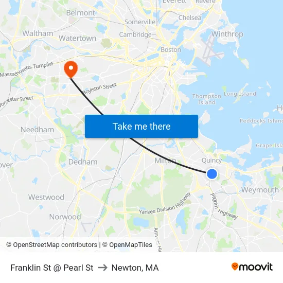 Franklin St @ Pearl St to Newton, MA map