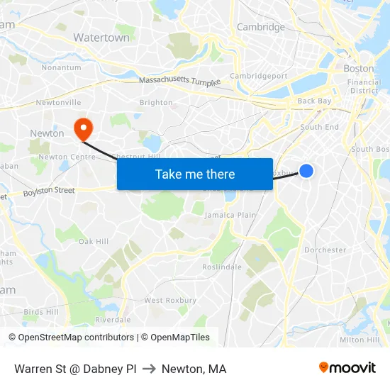Warren St @ Dabney Pl to Newton, MA map