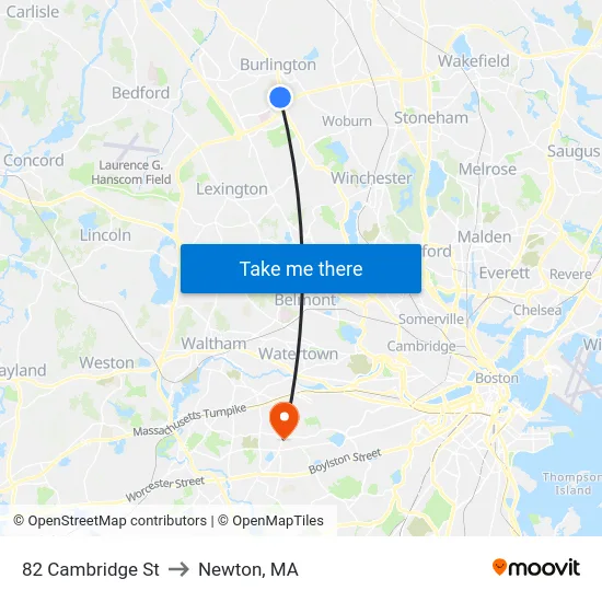 82 Cambridge St to Newton, MA map