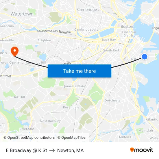 E Broadway @ K St to Newton, MA map