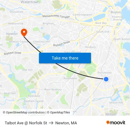 Talbot Ave @ Norfolk St to Newton, MA map