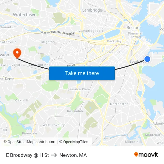 E Broadway @ H St to Newton, MA map