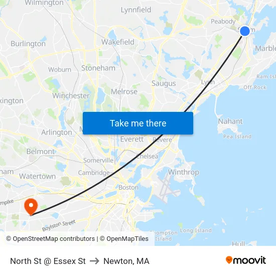 North St @ Essex St to Newton, MA map