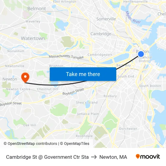 Cambridge St @ Government Ctr Sta to Newton, MA map