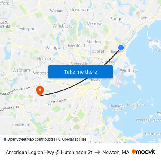 American Legion Hwy @ Hutchinson St to Newton, MA map