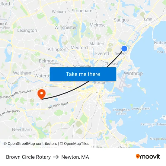 Brown Circle Rotary to Newton, MA map