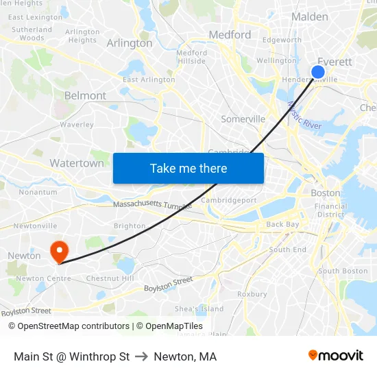 Main St @ Winthrop St to Newton, MA map