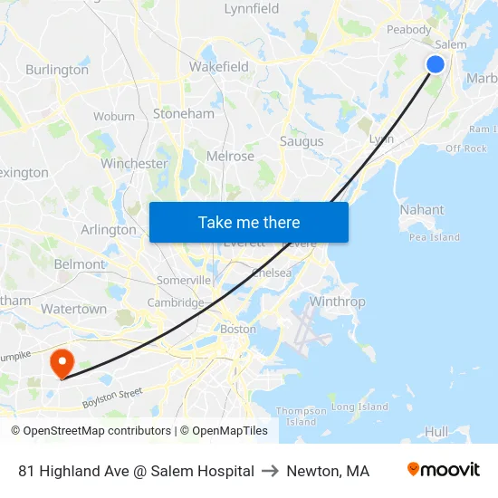81 Highland Ave @ Salem Hospital to Newton, MA map