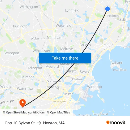 Opp 10 Sylvan St to Newton, MA map