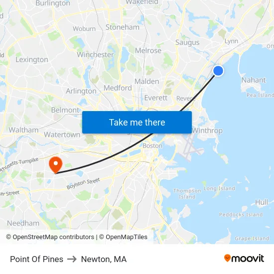 Point Of Pines to Newton, MA map