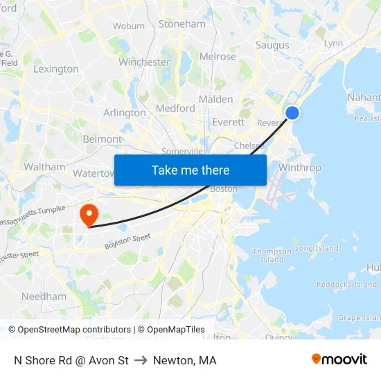 N Shore Rd @ Avon St to Newton, MA map