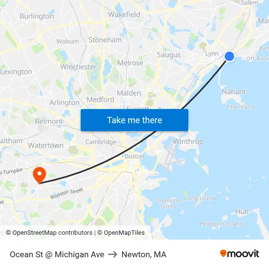 Ocean St @ Michigan Ave to Newton, MA map