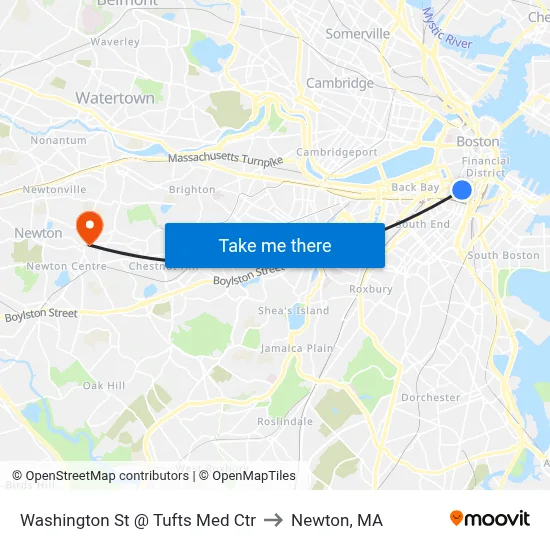 Washington St @ Tufts Med Ctr to Newton, MA map