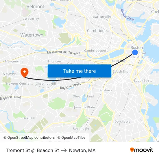 Tremont St @ Beacon St to Newton, MA map