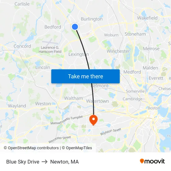 Blue Sky Drive to Newton, MA map