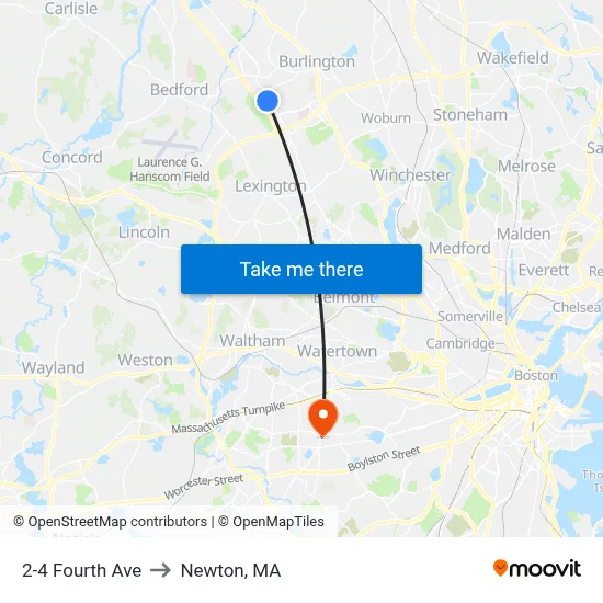 2-4 Fourth Ave to Newton, MA map