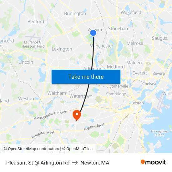 Pleasant St @ Arlington Rd to Newton, MA map