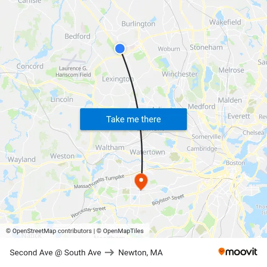 Second Ave @ South Ave to Newton, MA map