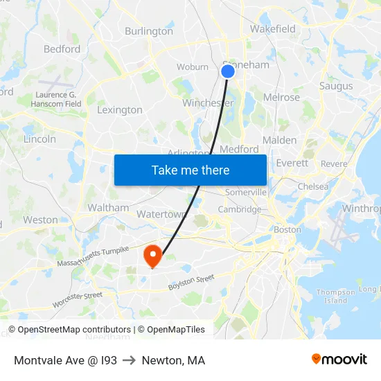 Montvale Ave @ I93 to Newton, MA map