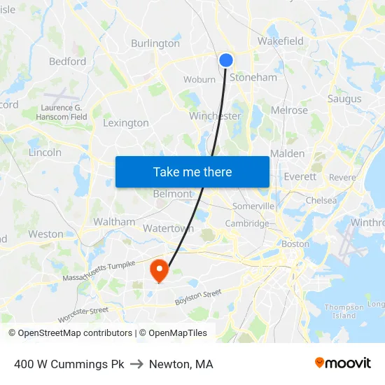 400 W Cummings Pk to Newton, MA map