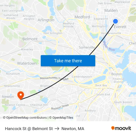 Hancock St @ Belmont St to Newton, MA map