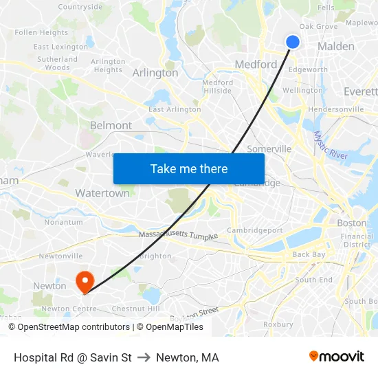 Hospital Rd @ Savin St to Newton, MA map