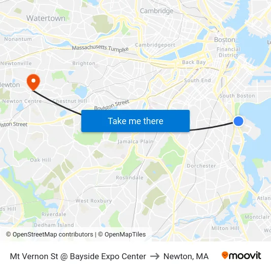 Mt Vernon St @ Bayside Expo Center to Newton, MA map