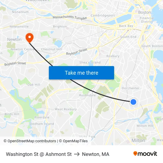 Washington St @ Ashmont St to Newton, MA map
