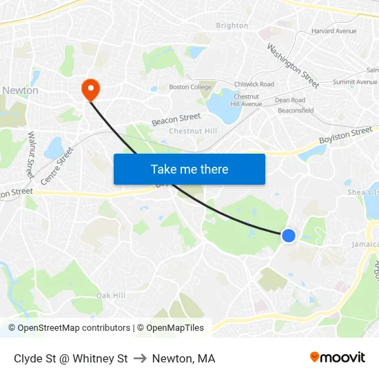 Clyde St @ Whitney St to Newton, MA map