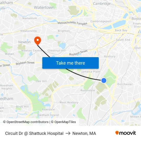 Circuit Dr @ Shattuck Hospital to Newton, MA map
