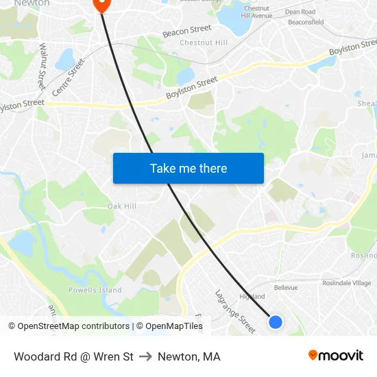 Woodard Rd @ Wren St to Newton, MA map