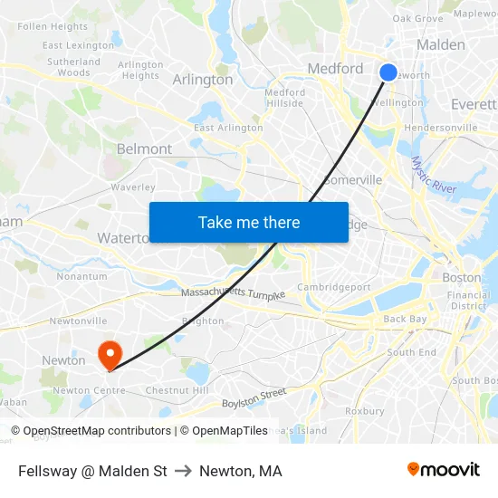 Fellsway @ Malden St to Newton, MA map