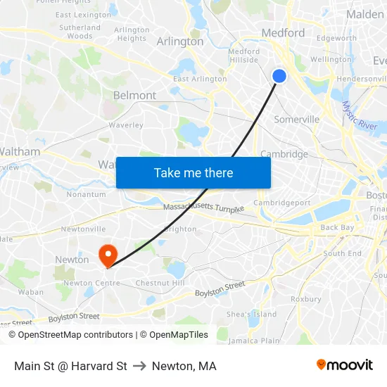 Main St @ Harvard St to Newton, MA map