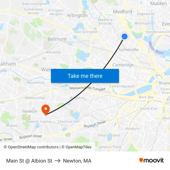 Main St @ Albion St to Newton, MA map