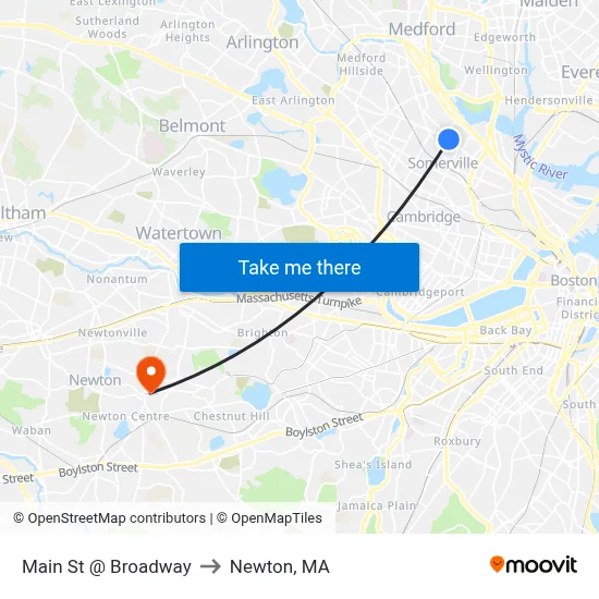 Main St @ Broadway to Newton, MA map