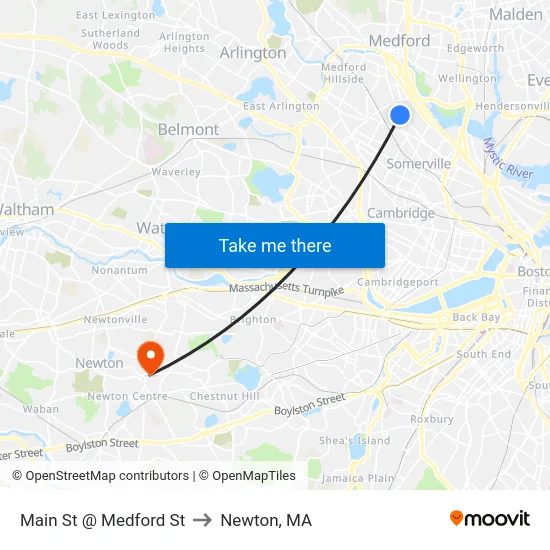 Main St @ Medford St to Newton, MA map