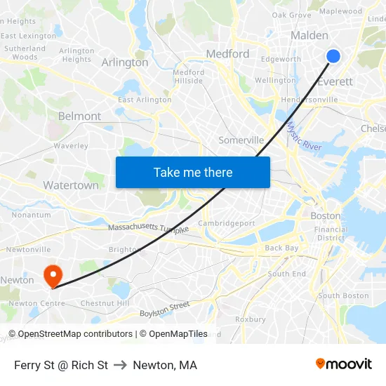 Ferry St @ Rich St to Newton, MA map
