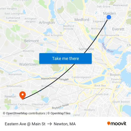 Eastern Ave @ Main St to Newton, MA map