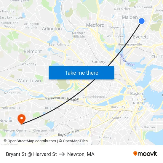 Bryant St @ Harvard St to Newton, MA map