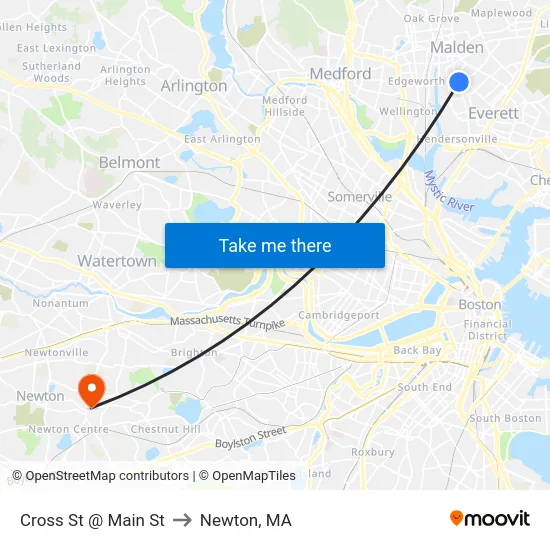 Cross St @ Main St to Newton, MA map