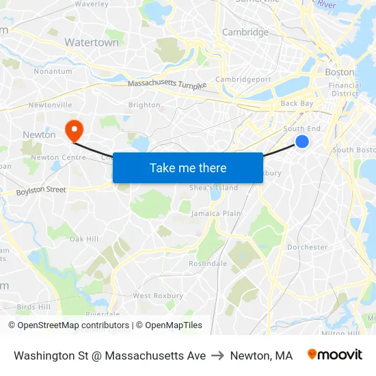 Washington St @ Massachusetts Ave to Newton, MA map