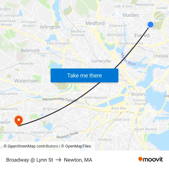 Broadway @ Lynn St to Newton, MA map