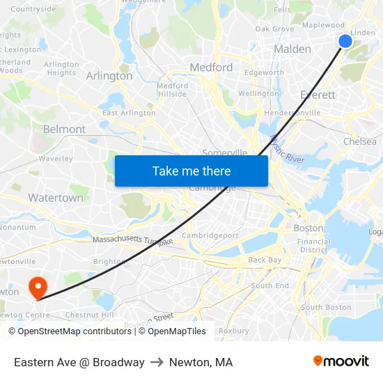Eastern Ave @ Broadway to Newton, MA map